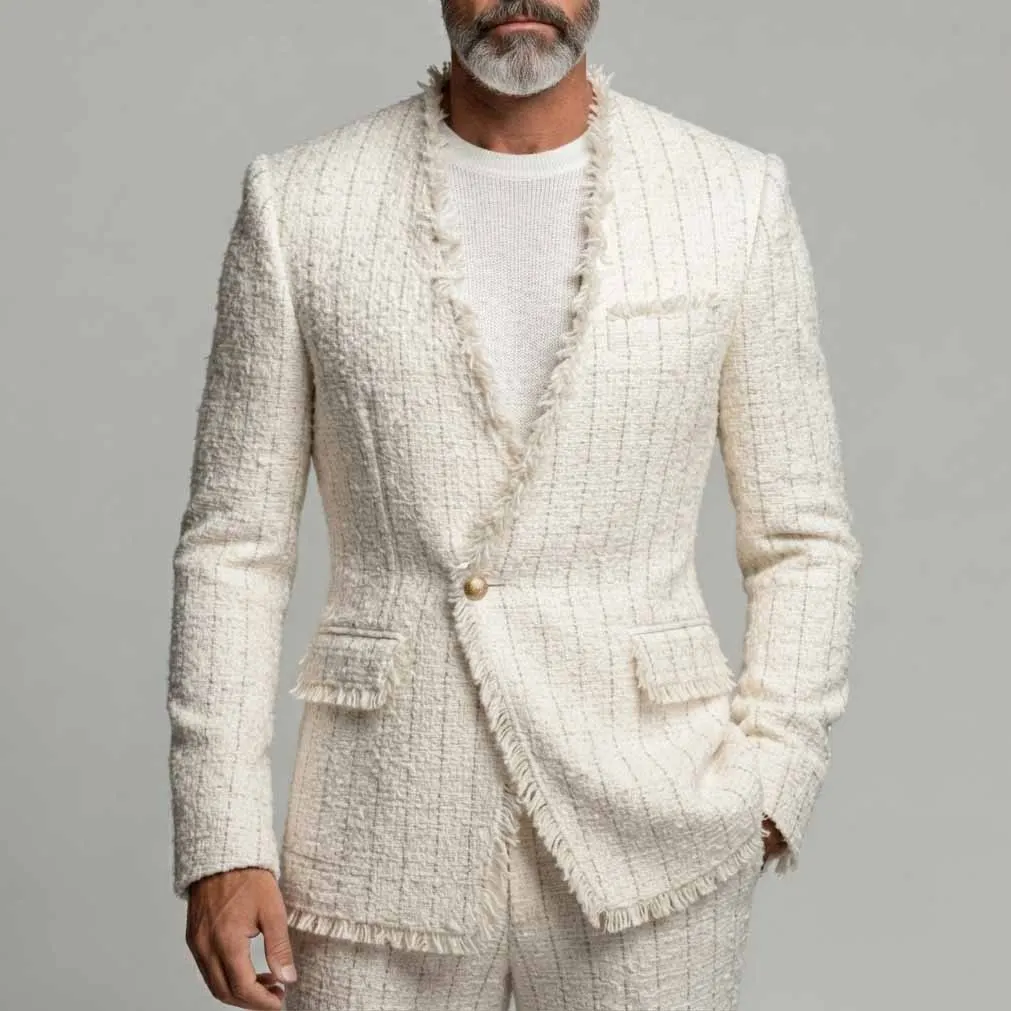 Men's Stylish Beige Pinstripe Gold Button Frayed Edges Tweed Textured Blazer