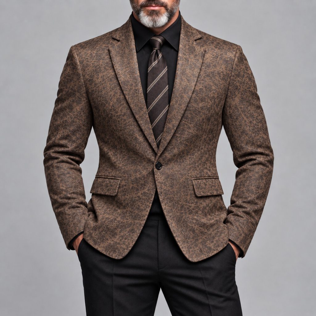 Men's Dark Brown Abstract Pattern Notched Lapel Single-Breasted Slim Fit Blazer