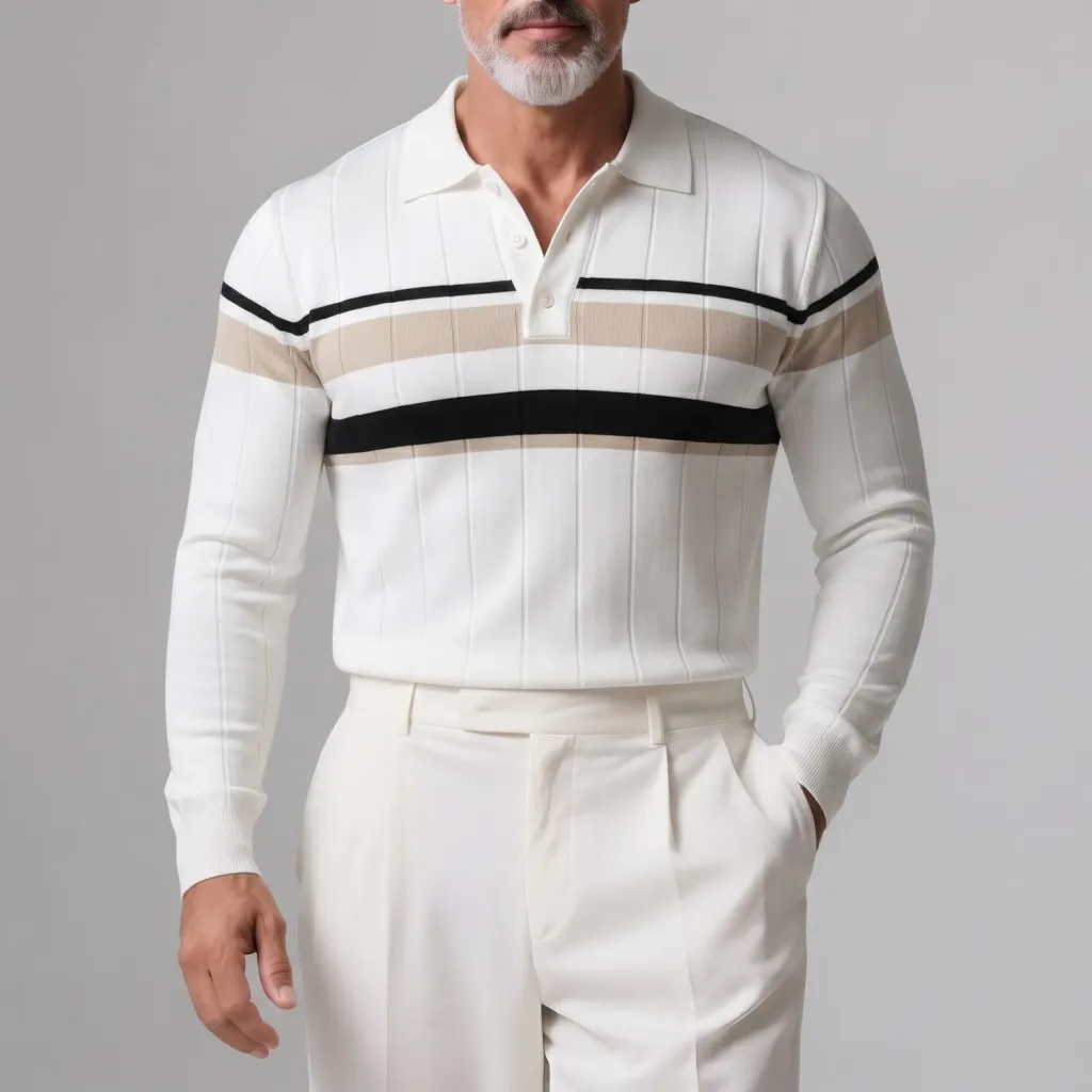 Men's Business Casual Striped Print Ribbed Knit Slim Fit Long Sleeve Polo Shirt