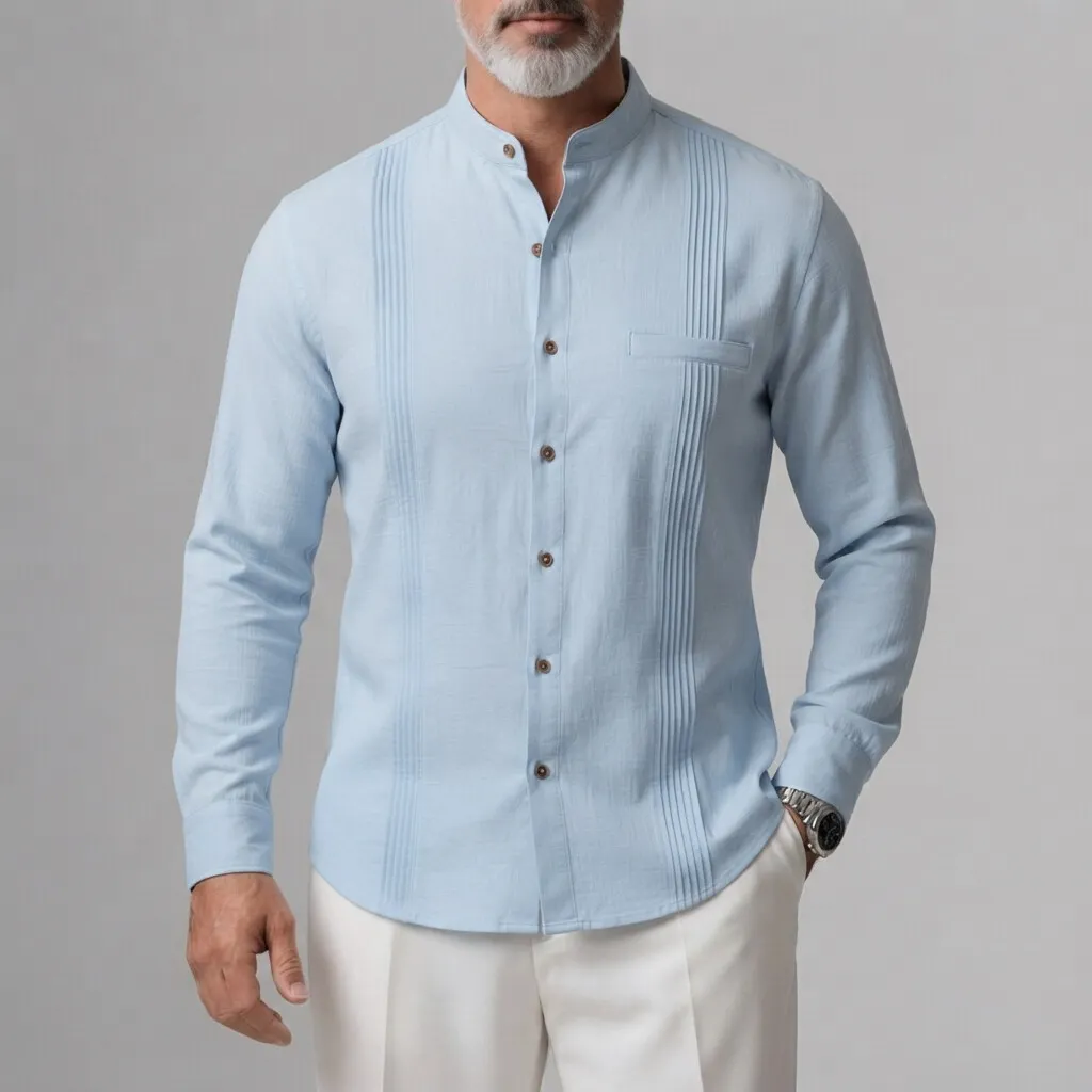 Men's Solid Color Stand Collar Button-Up Pleated Welt Pocket Long Sleeve Shirt