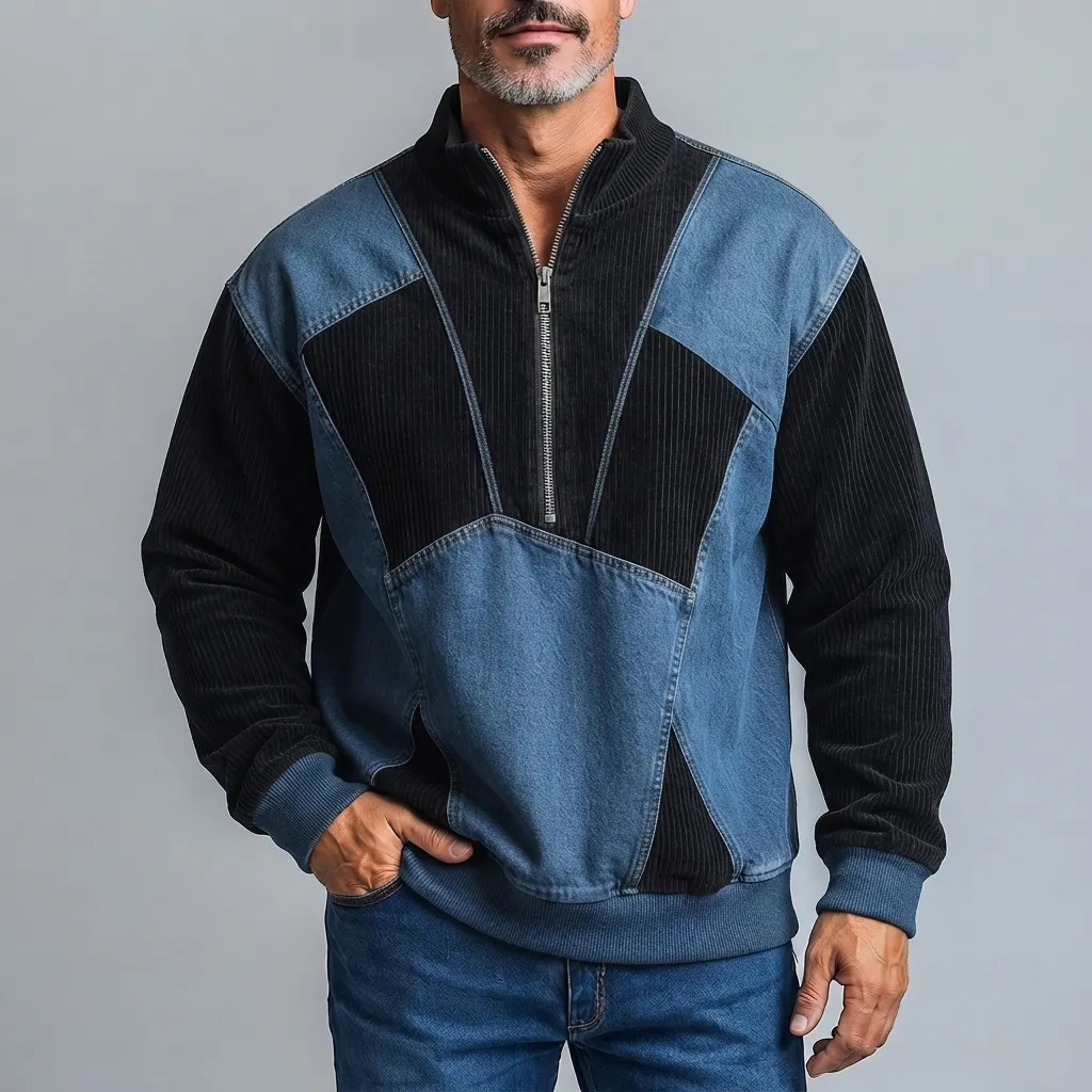 Men's Colorblock Corduroy Denim Patchwork Stand Collar Half Zip Pullover Sweatshirt