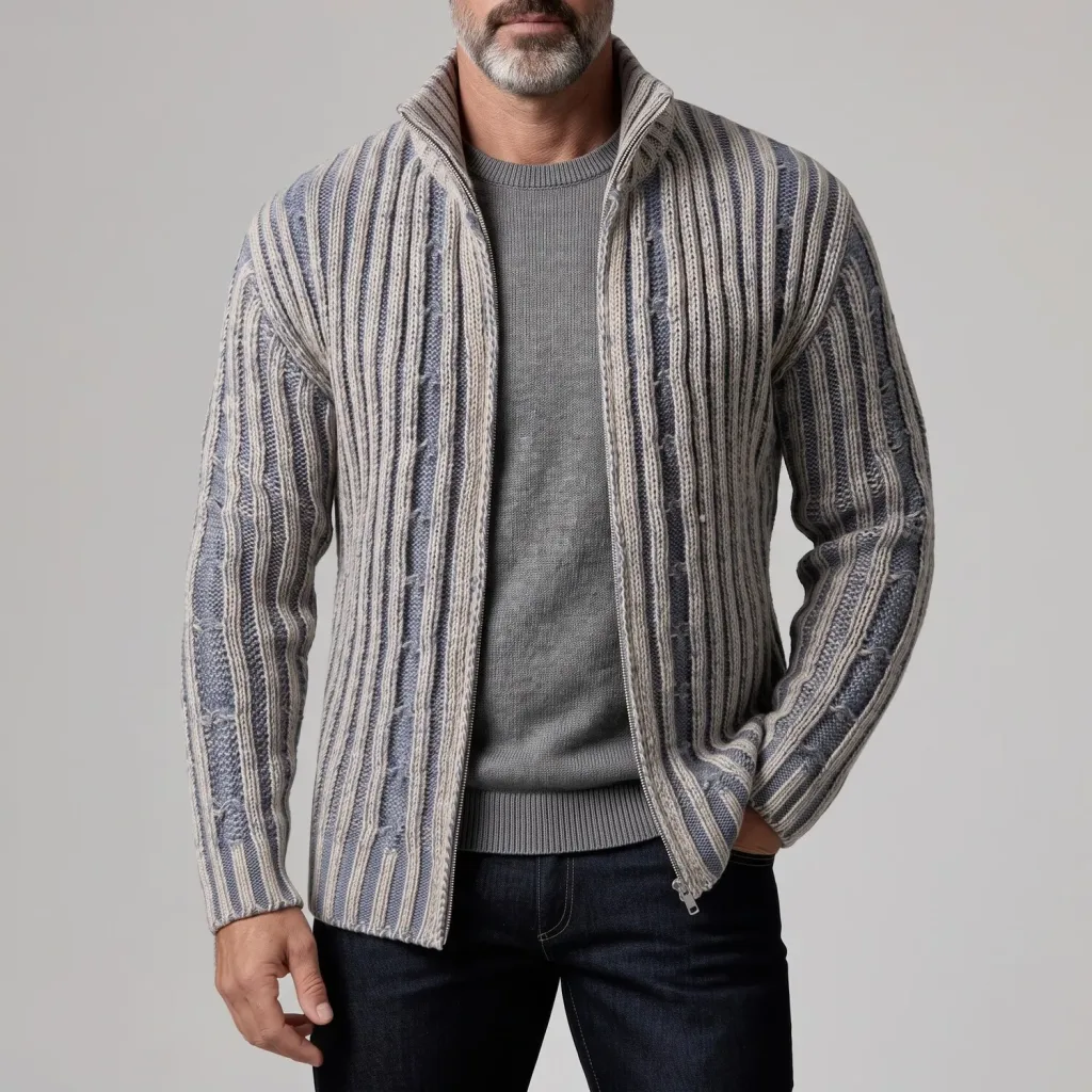 Men's Vintage Striped Stand Collar Zip-Up Cable Knit Cardigan