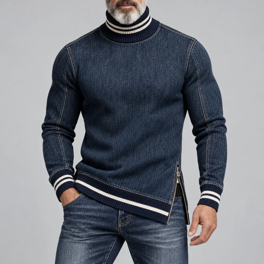Men's Navy Blue Denim High Neck Contrast Ribbed Trim Side Zipper Irregular Hem Pullover Sweatshirt
