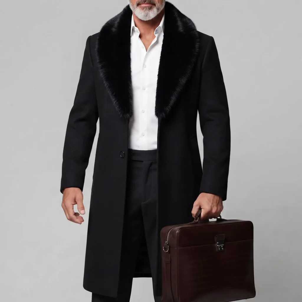 Men's Black Plain Contrast Fuzzy Shawl Lapel Single Breasted Woolen Coat