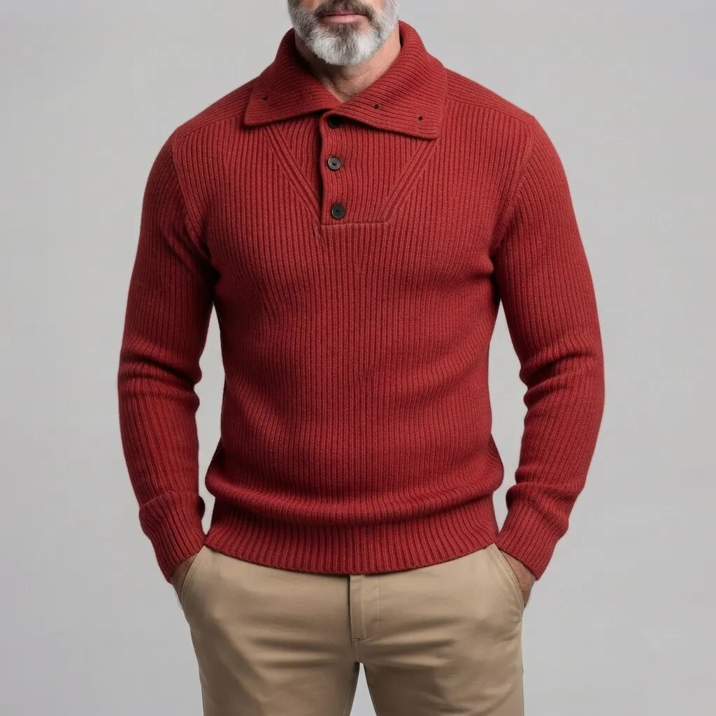 Men's Solid Color Lapel Collar Ribbed Knit Half Placket Pullover Sweater