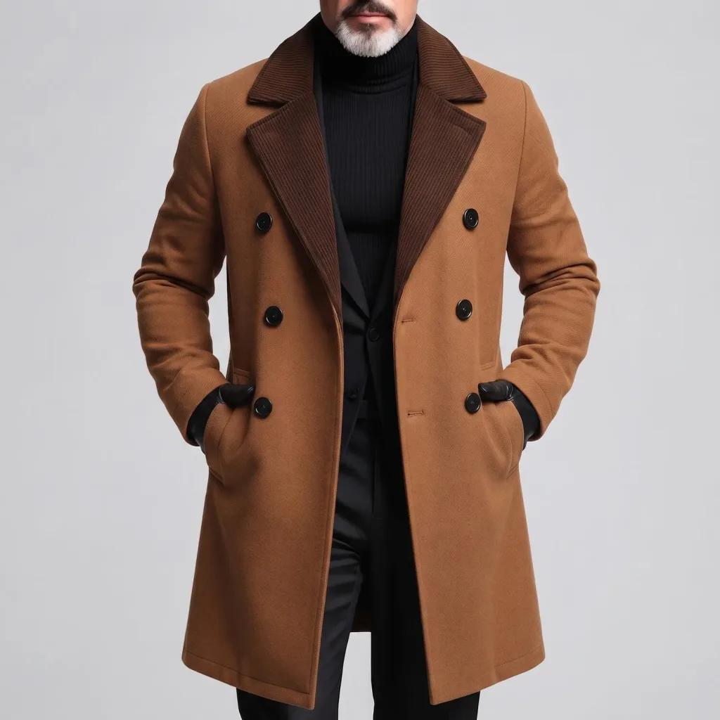 Men's Ginger Yellow Contrast Lapel Collar Slant Pocket Double-Breasted Woolen Coat