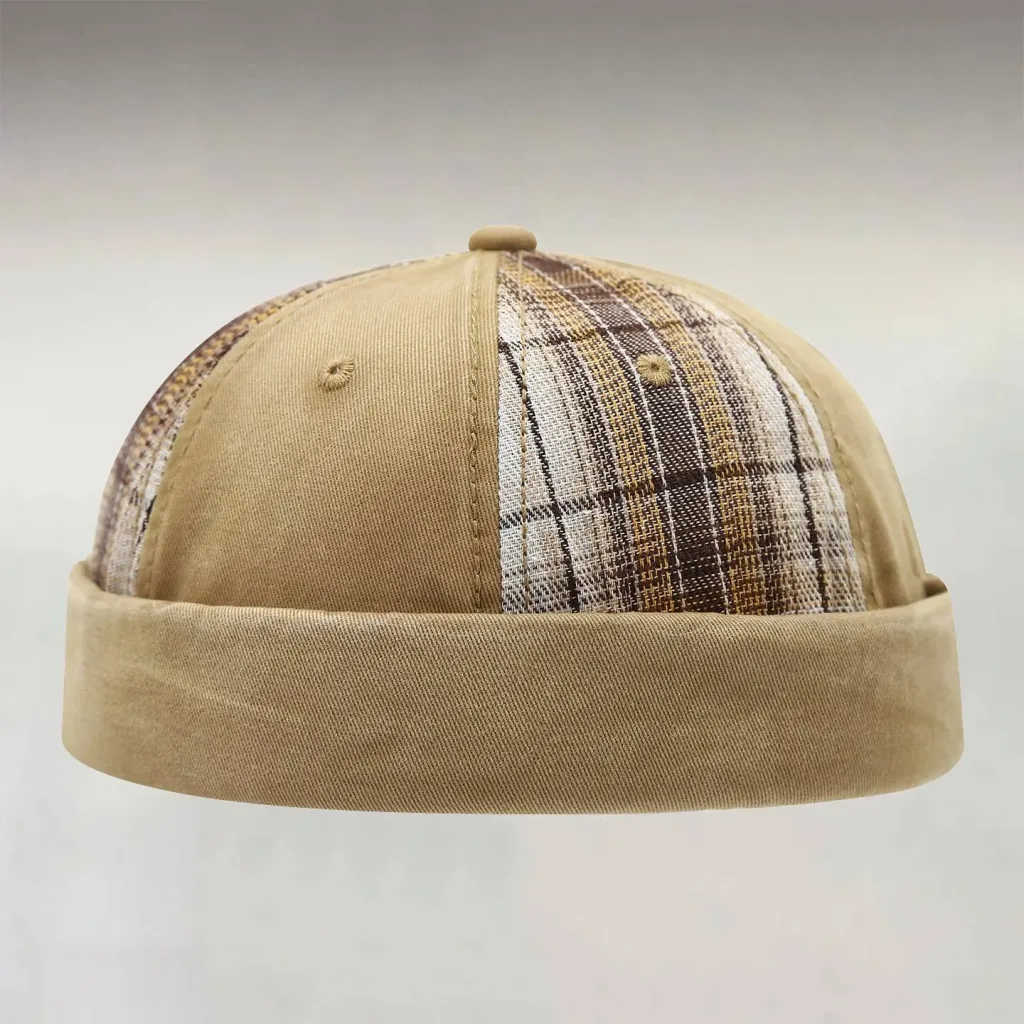 Men's Vintage Khaki Plaid Stitching Cuffed Adjustable Brimless Docker Cap