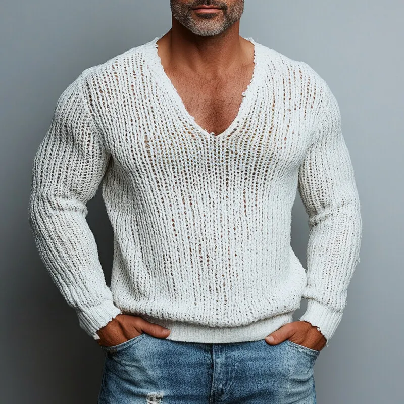 Men's Casual Hollow Out Knitted V Neck Long Sleeve Sweater