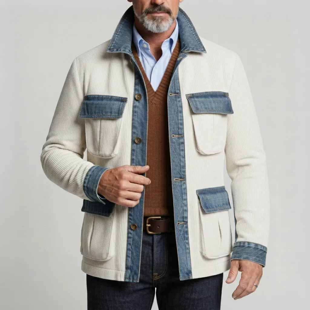 Men's White Corduroy Denim Trim Multi-Pocket Single Breasted Vintage Jacket