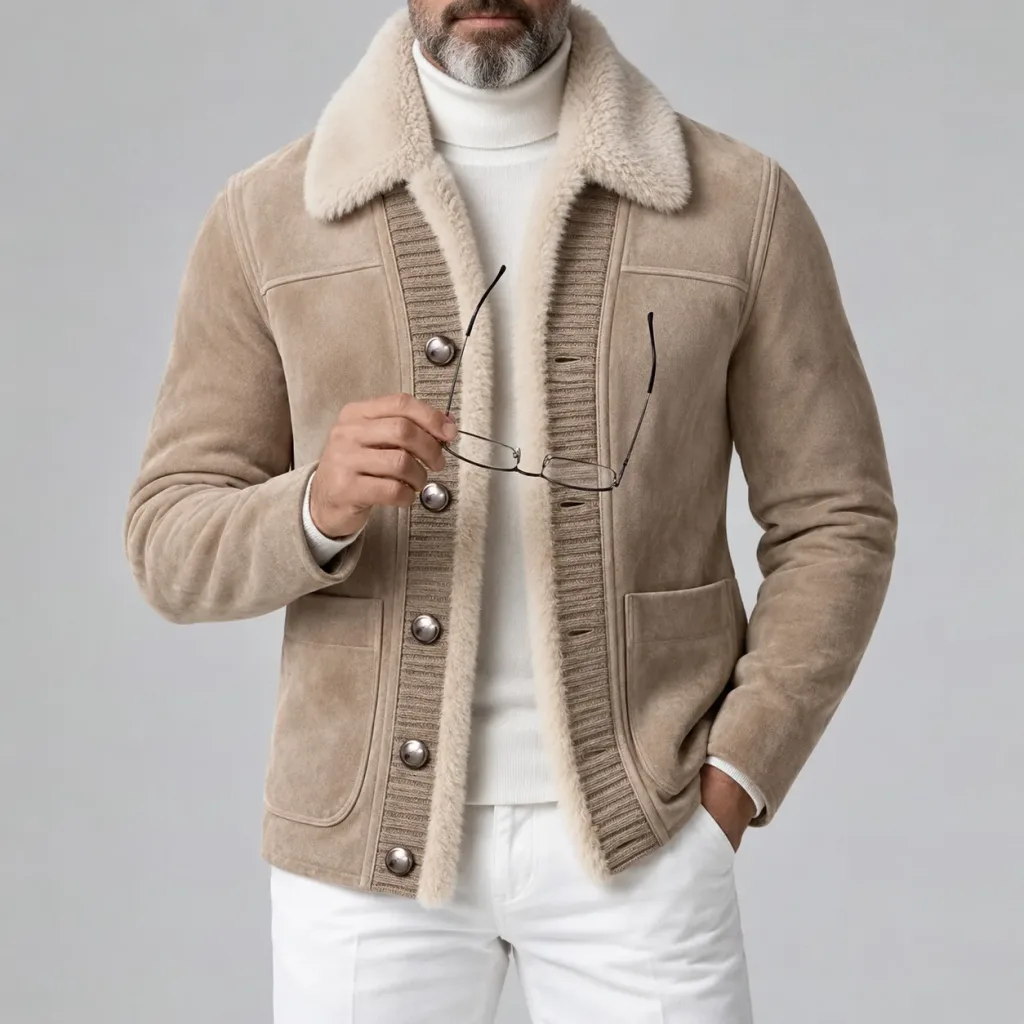 Men's Tan Suede Patch Pocket Single Breasted Contrast Sherpa Collar Cardigan Jacket