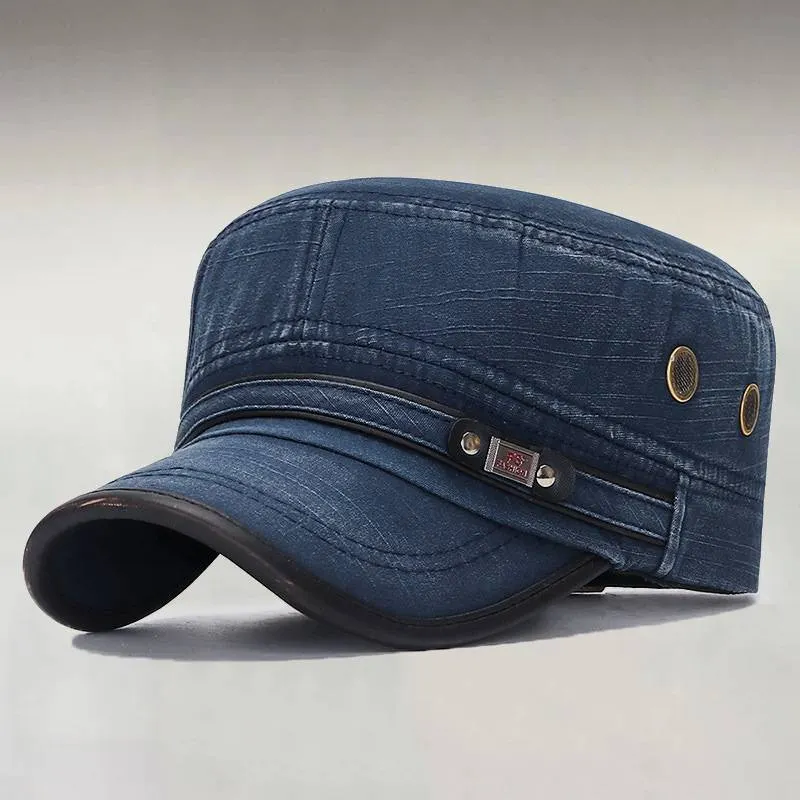 Men's Vintage Contrast Trim Metal Eyelets Adjustable Buckle Strap Flat Top Cap