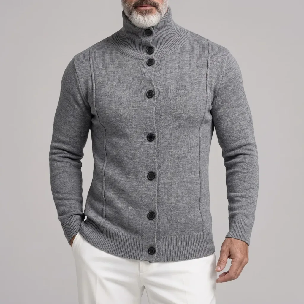Men's Gray High Collar Single Breasted Seam Detail Slim Fit Knit Sweater Cardigan