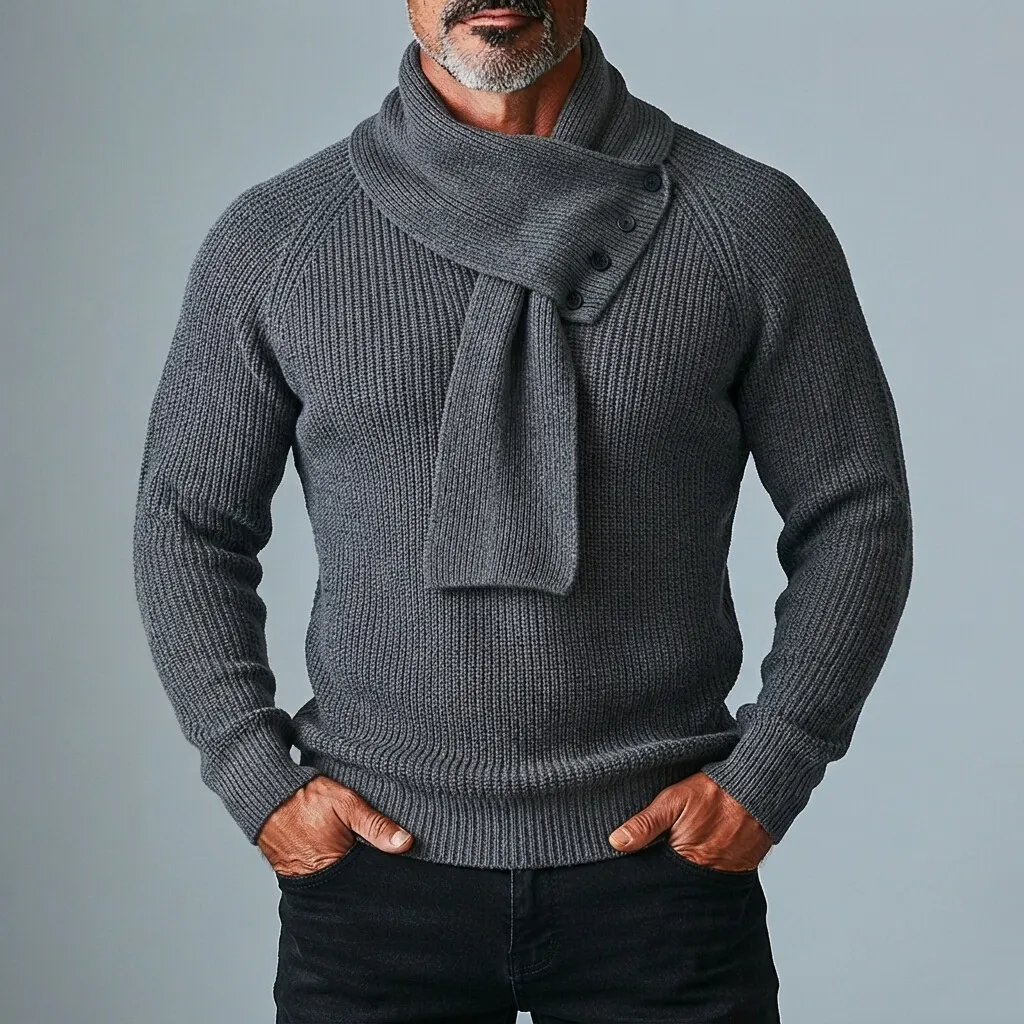Men's Burgundy Cowl Neck Asymmetric Button Scarf Decor Raglan Sleeve Ribbed Knit Pullover Sweater