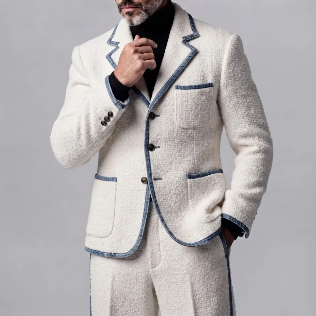 Men's Stylish White Contrast Piping Notch Lapel Patch Pockets Single Breasted Blazer