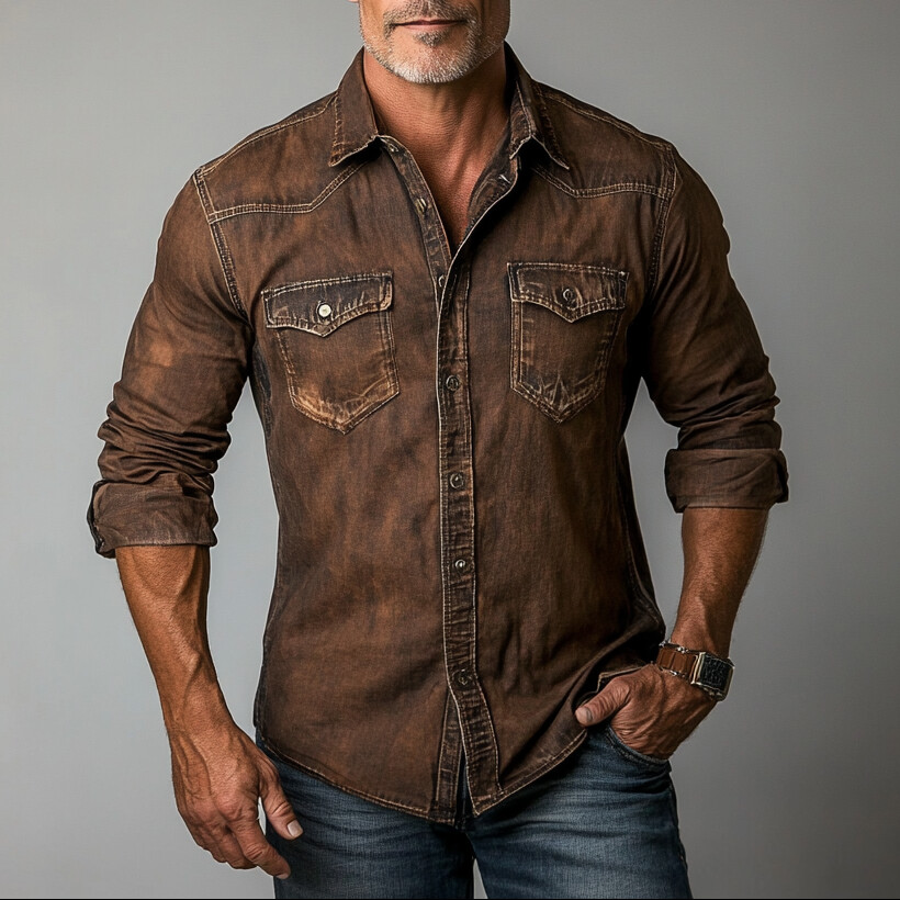 Men's Retro Denim Chest Pocket Button Long Sleeve Shirt