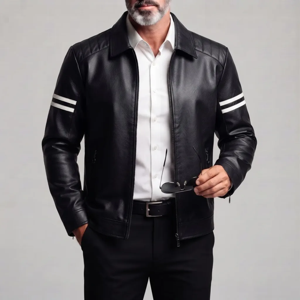 Men's Retro Black Turndown Collar Contrast Striped Zip-Up Classic PU Leather Jacket