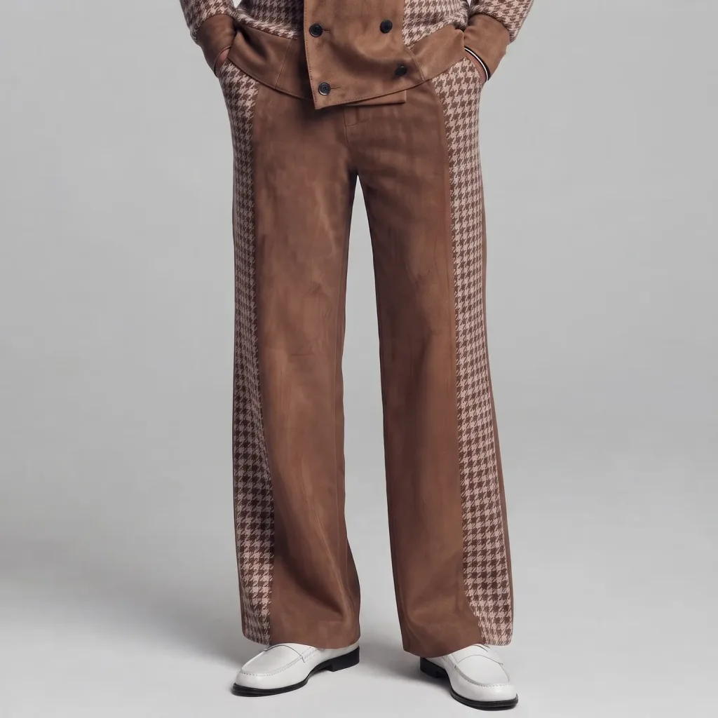 Men's Brown Suede Houndstooth Patchwork Slant Pockets Straight Wide Leg Pants