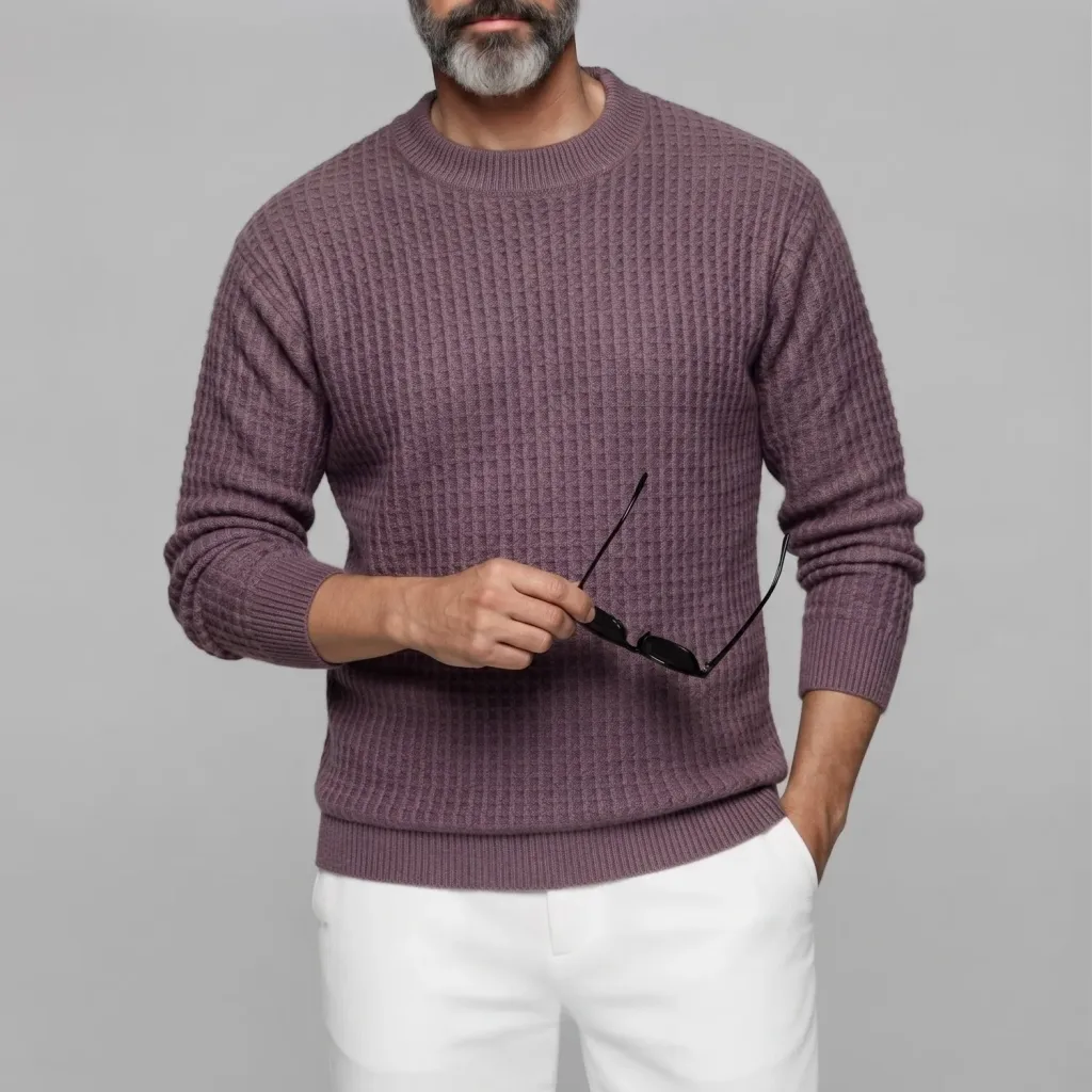 Men's Solid Color Waffle Pattern Crew Neck Long Sleeve Knit Pullover Sweater