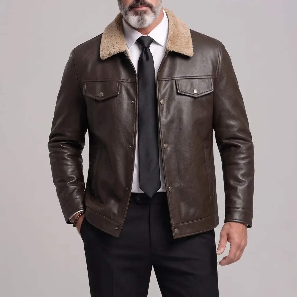 Men's Vintage Fuzzy Turndown Collar Snap Button Zip-Up PU Leather Jacket