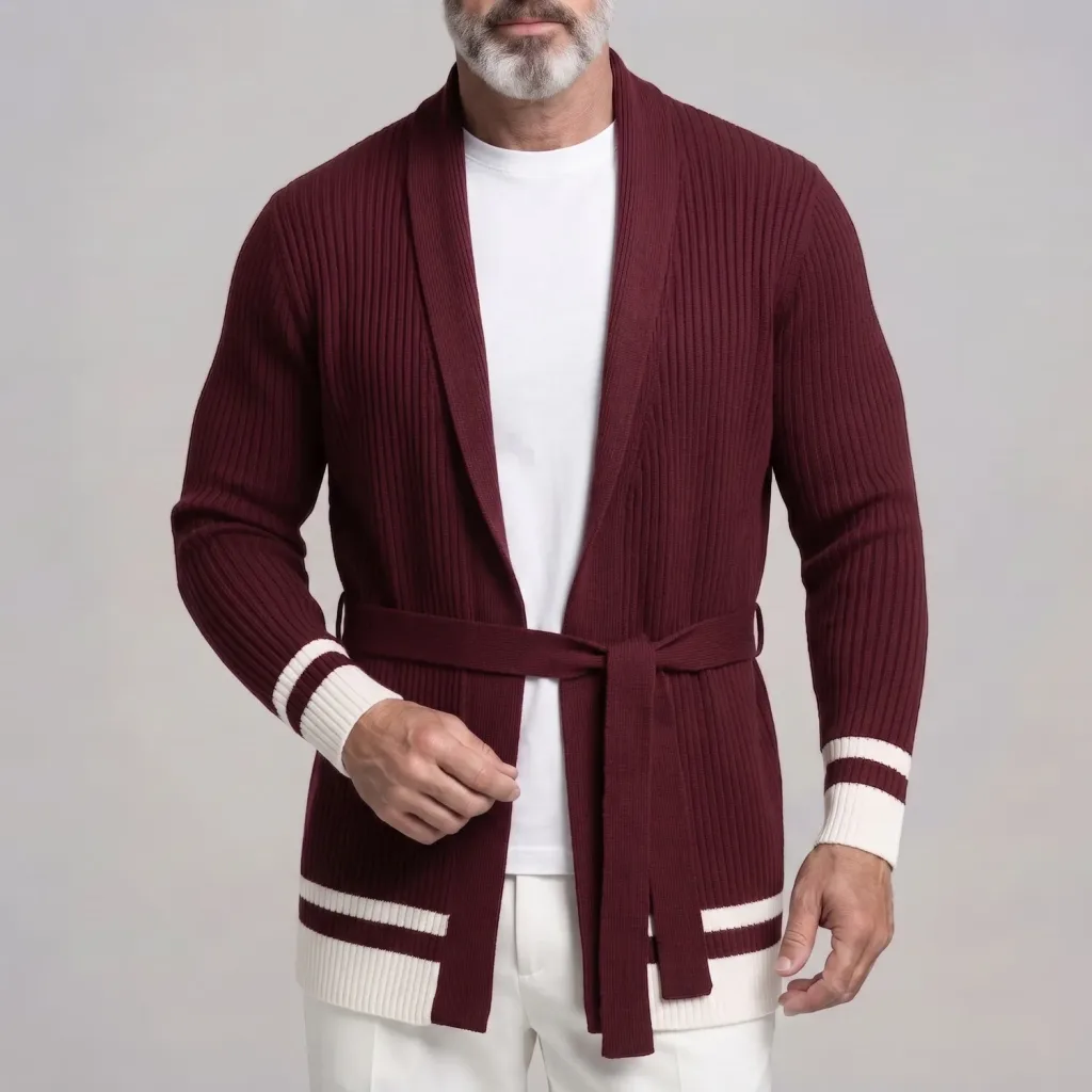 Men's Casual Shawl Collar Ribbed Knit Self Tie Belt Contrast Striped Long Sleeve Open Front Cardigan