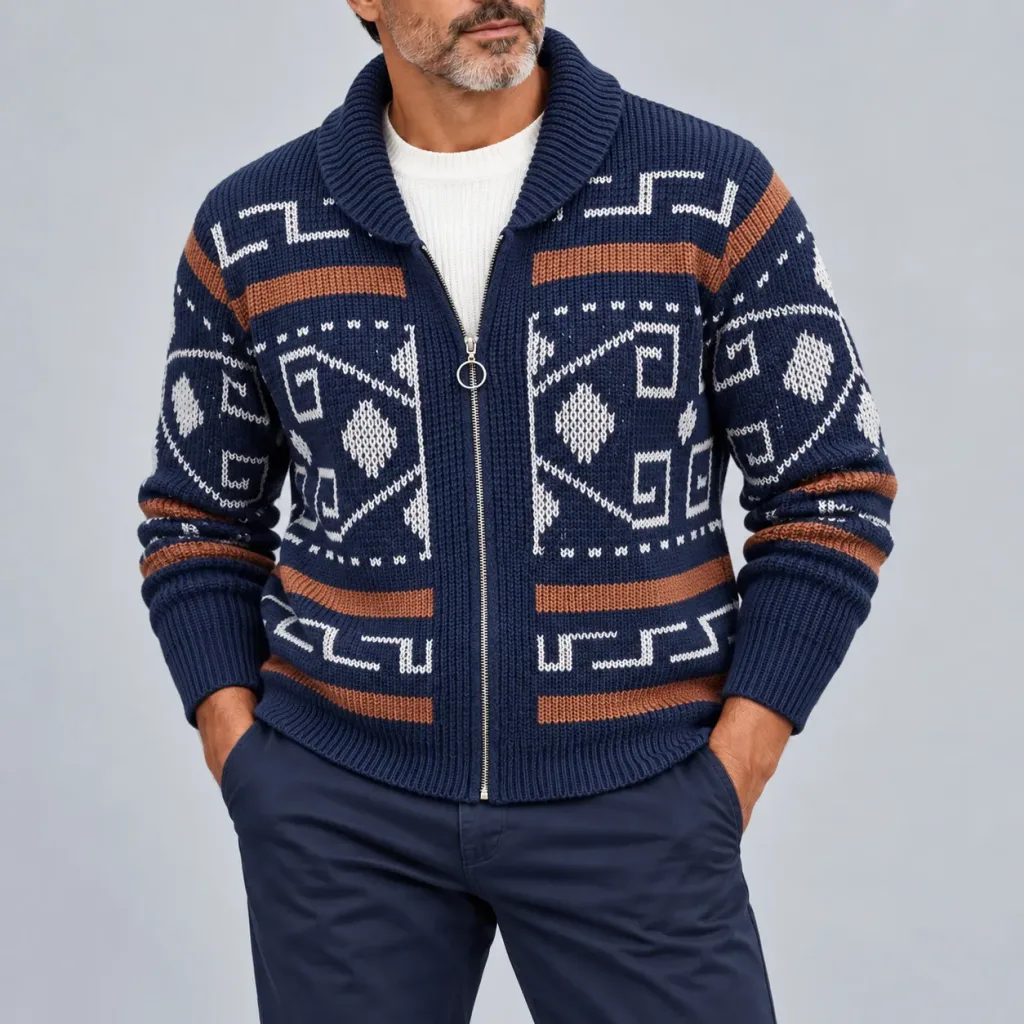 Men's Navy Blue Ethnic Geometric Pattern Shawl Collar Zipper Knitted Cardigan