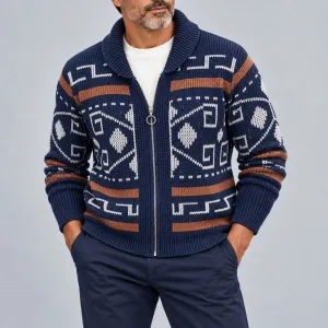 Men's Navy Blue Ethnic Geometric Pattern Shawl Collar Zipper Knitted Cardigan