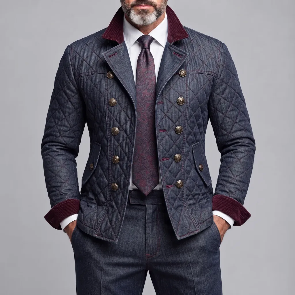 Men's Dark Blue Corduroy Contrast Trim Double-Breasted Quilted Denim Jacket