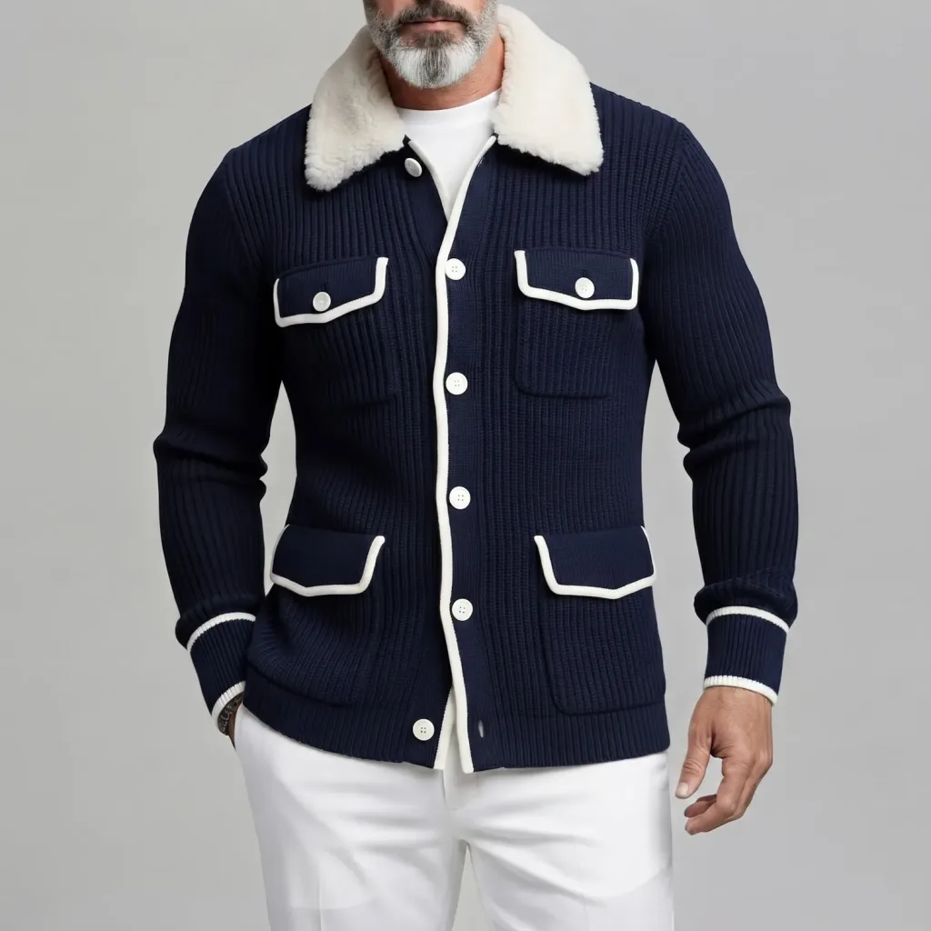 Men's Navy Blue Ribbed Knitted Fuzzy Collar Contrast Piping Multi-Pocket Single Breasted Cardigan