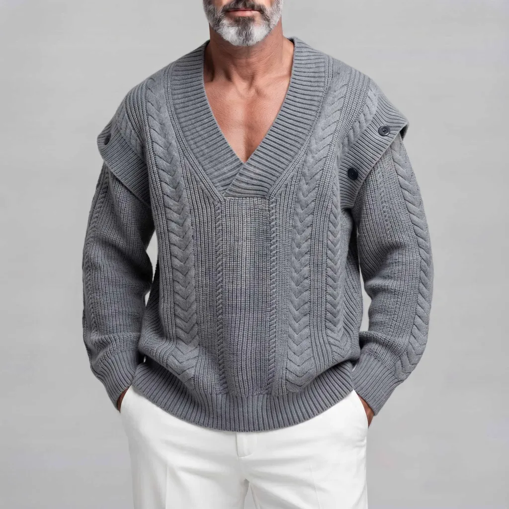 Men's Solid Color V Neck Drop Shoulder Button Decor Loose Fit Cable Knitted Sweater