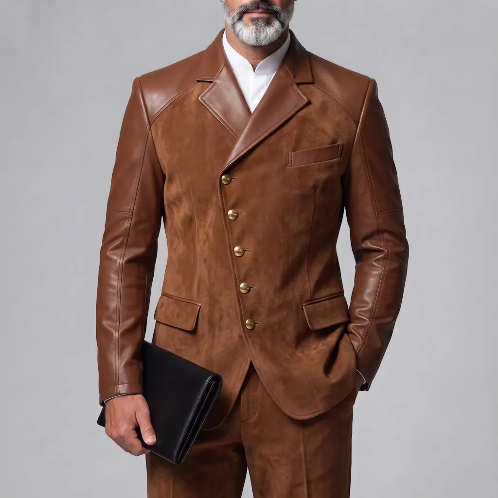 Men's Suede PU Leather Patchwork Asymmetrical Single Breasted Notch Lapel Slim Blazer