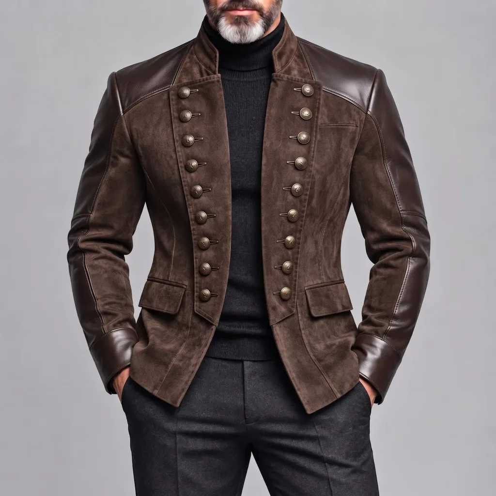 Men's Vintage Dark Brown Suede Spliced PU Leather Stand Collar Double Breasted Slim Fit Jacket