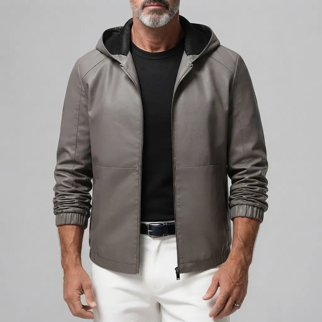 Men's Retro Plain Elastic Cuffs Hooded Slim Fit PU Leather Zip-Up Jacket