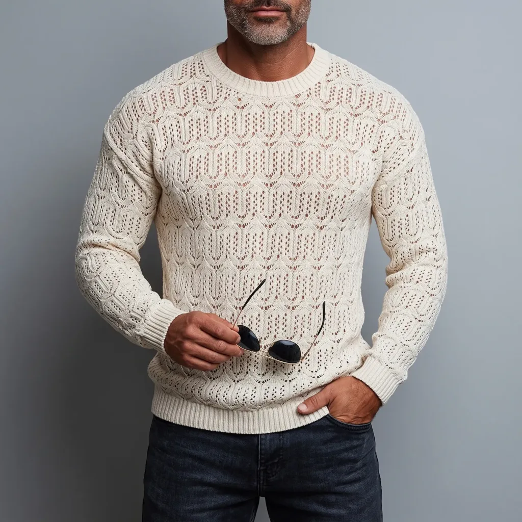 Men's Casual Solid Hollow Out Crochet Crew Neck Long Sleeve Knit T Shirt