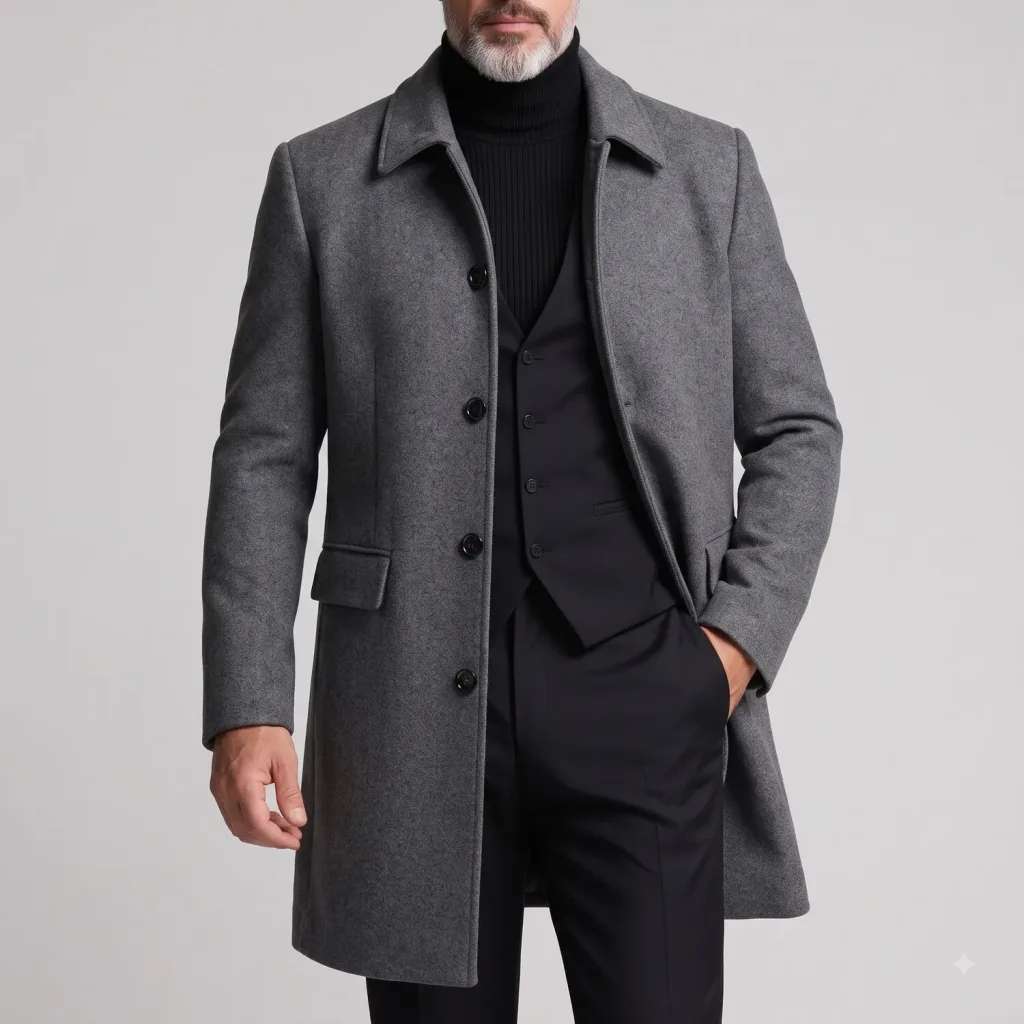 Men's Business Casual Solid Color Single-Breasted Mid-Length Woolen Overcoat