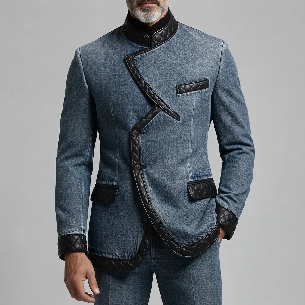 Men's Blue Stand Collar Asymmetric Quilted Leather Trim Buttons Closure Denim Jacket