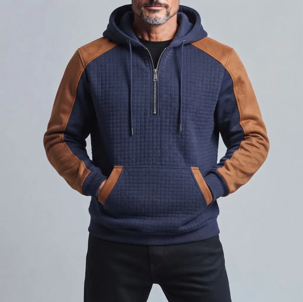 Men's Casual Color Block Waffle Texture Kangaroo Pocket Quarter Zip Pullover Hoodie
