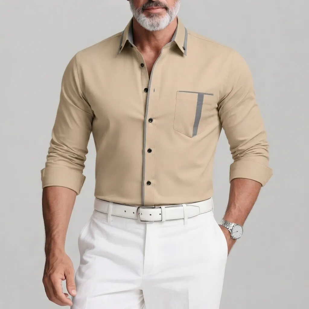 Men's Chest Pocket Contrast Binding Button Down Business Casual Long Sleeve Shirt