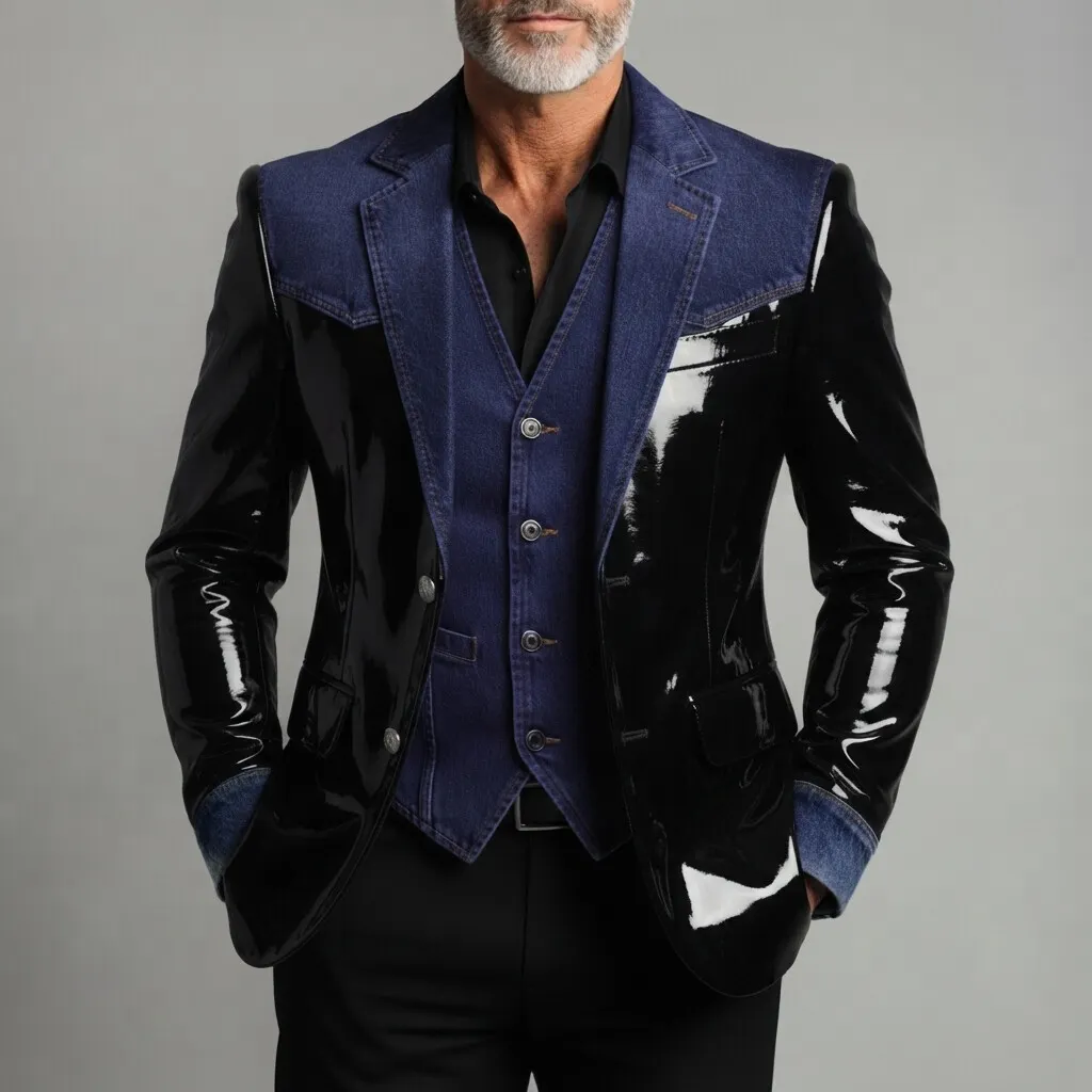 Men's Glossy PU Leather Patchwork Denim Notch Lapel Single-Breasted Slim Fit Blazer