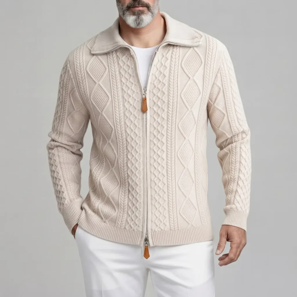 Men's Beige Turndown Collar Slim Fit Cable Knit Full-Zip Sweater Cardigan