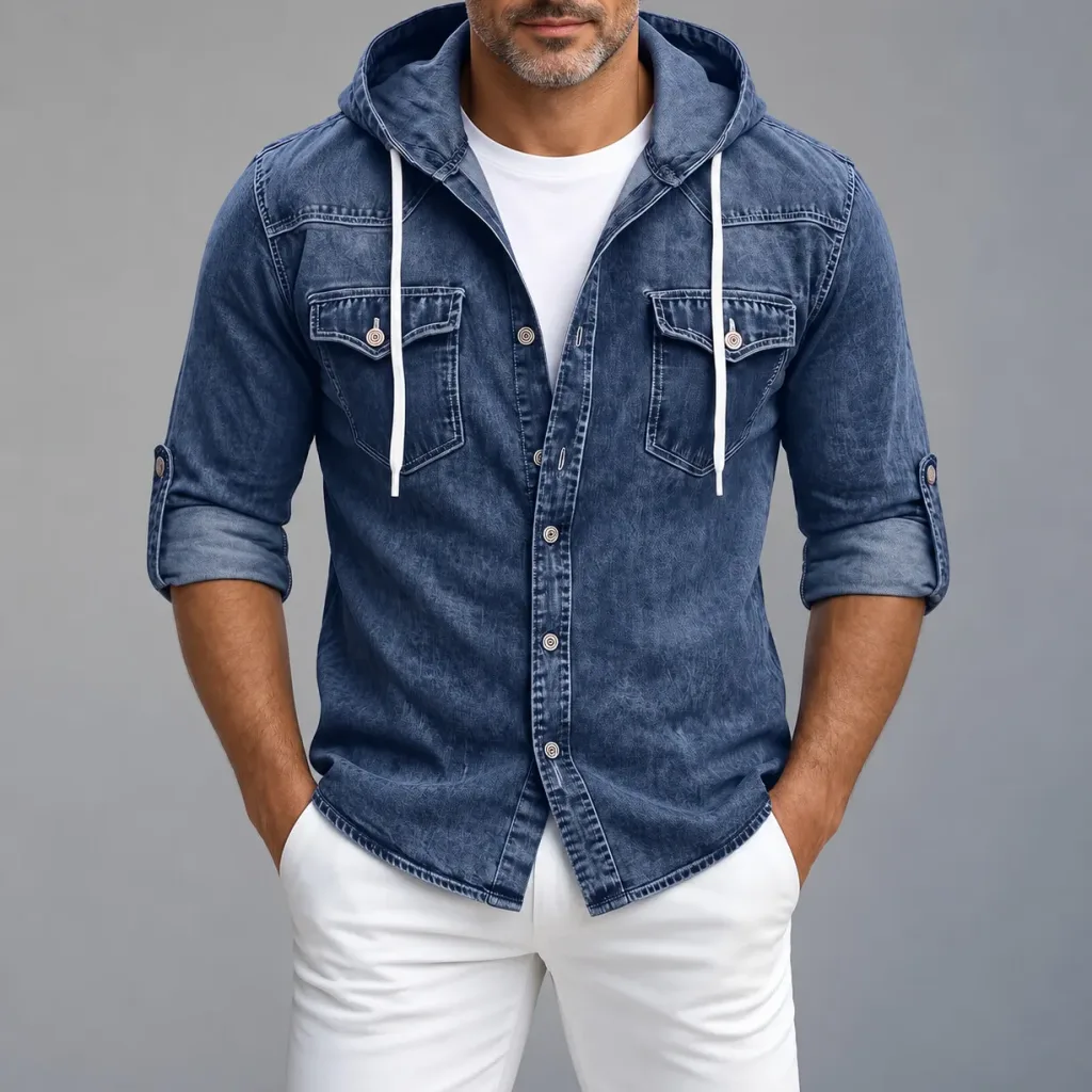 Men's Solid Color Distressed Denim Flap Pocket Roll Tab Button-Up Hooded Shirt Jacket