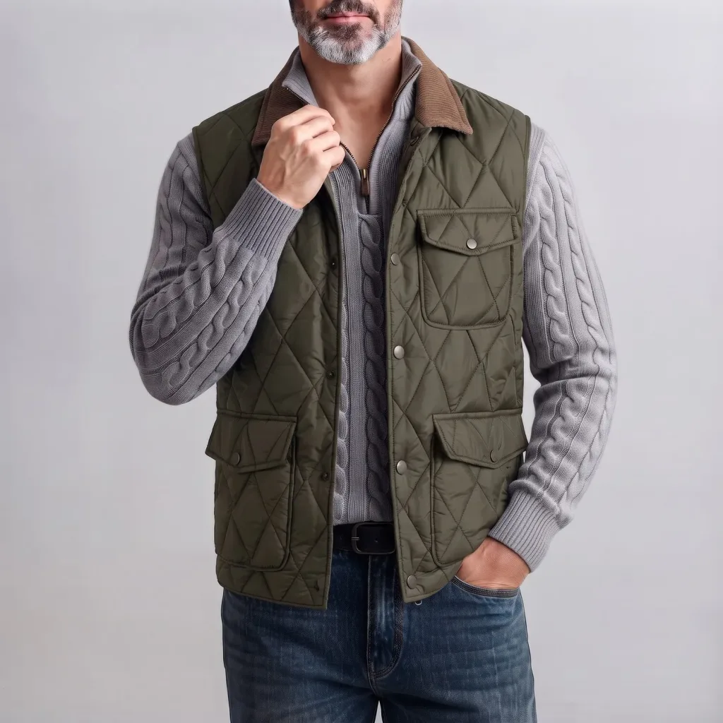 Men's Contrast Turndown Collar Multi-Pocket Single Breasted Slim Fit Quilted Vest