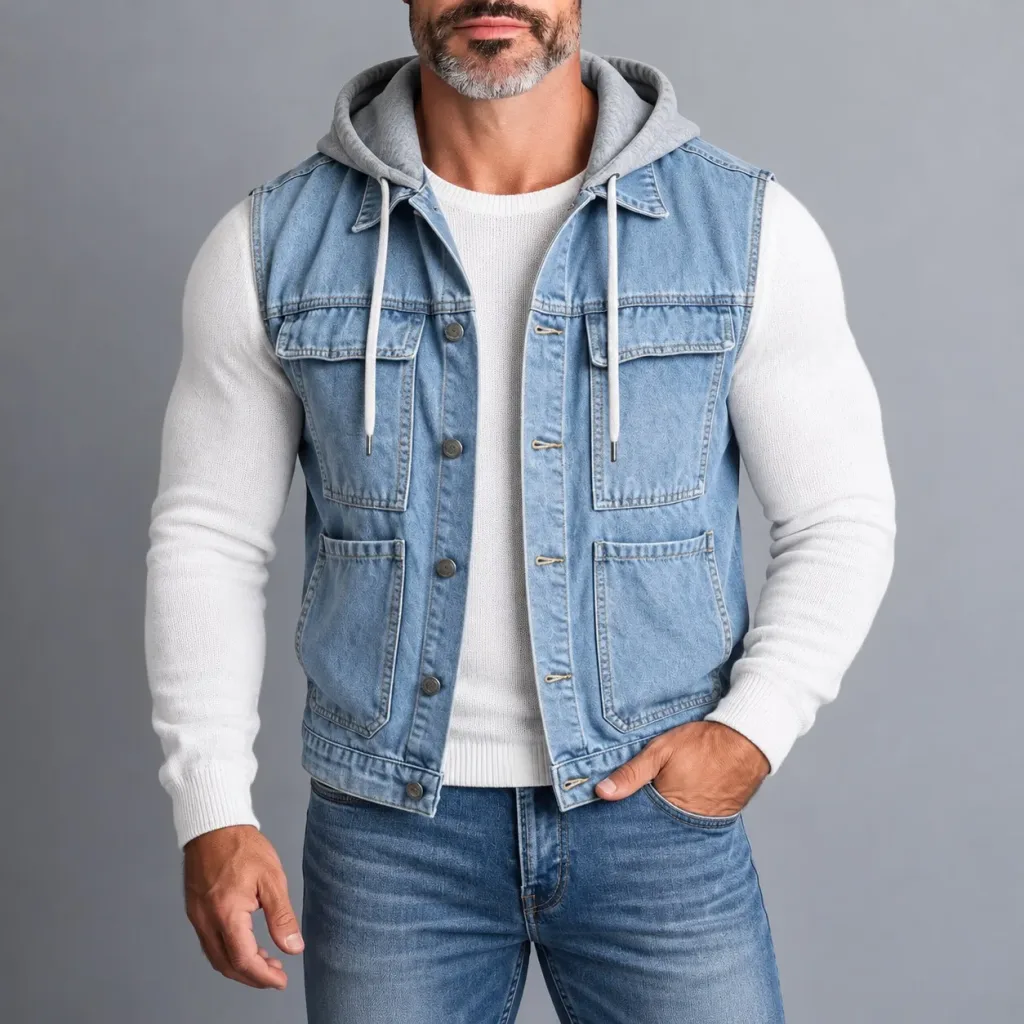 Men's Street Blue Contrast Hooded Multi-Pockets Single Breasted Denim Vest