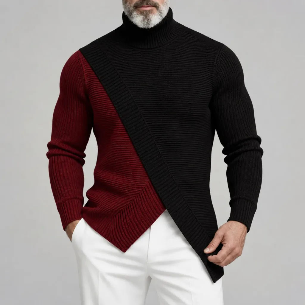 Men's Colorblock Ribbed Knit Turtleneck Asymmetrical Hem Pullover Sweater