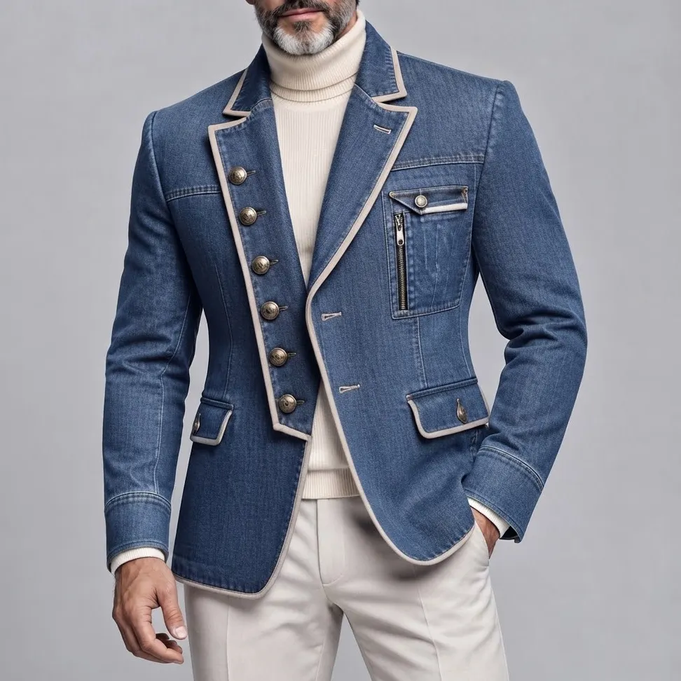 Men's Vintage Single-Breasted Asymmetrical Notch Lapel Contrast Piping Denim Blazer