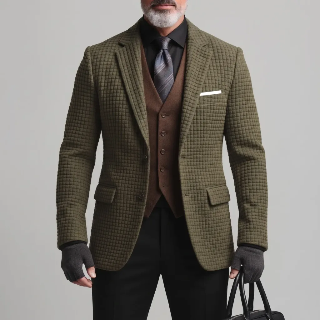 Men's Army Green Notch Lapel Waffle Pattern Textured Single-Breasted Blazer