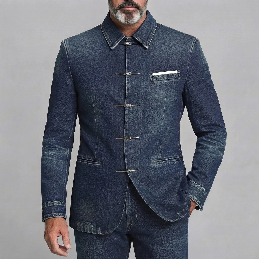 Men's Retro Denim Turndown Collar Welt Pocket Frog Button Slim Fit Jacket
