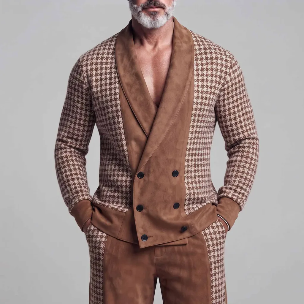 Men's Brown Suede Houndstooth Patchwork Shawl Lapel Double Breasted Jacket