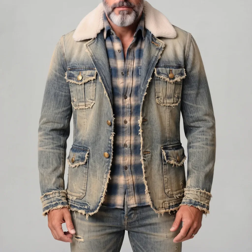 Men's Vintage Distressed Washed Denim Contrast Fuzzy Collar Multiple Pockets Jacket