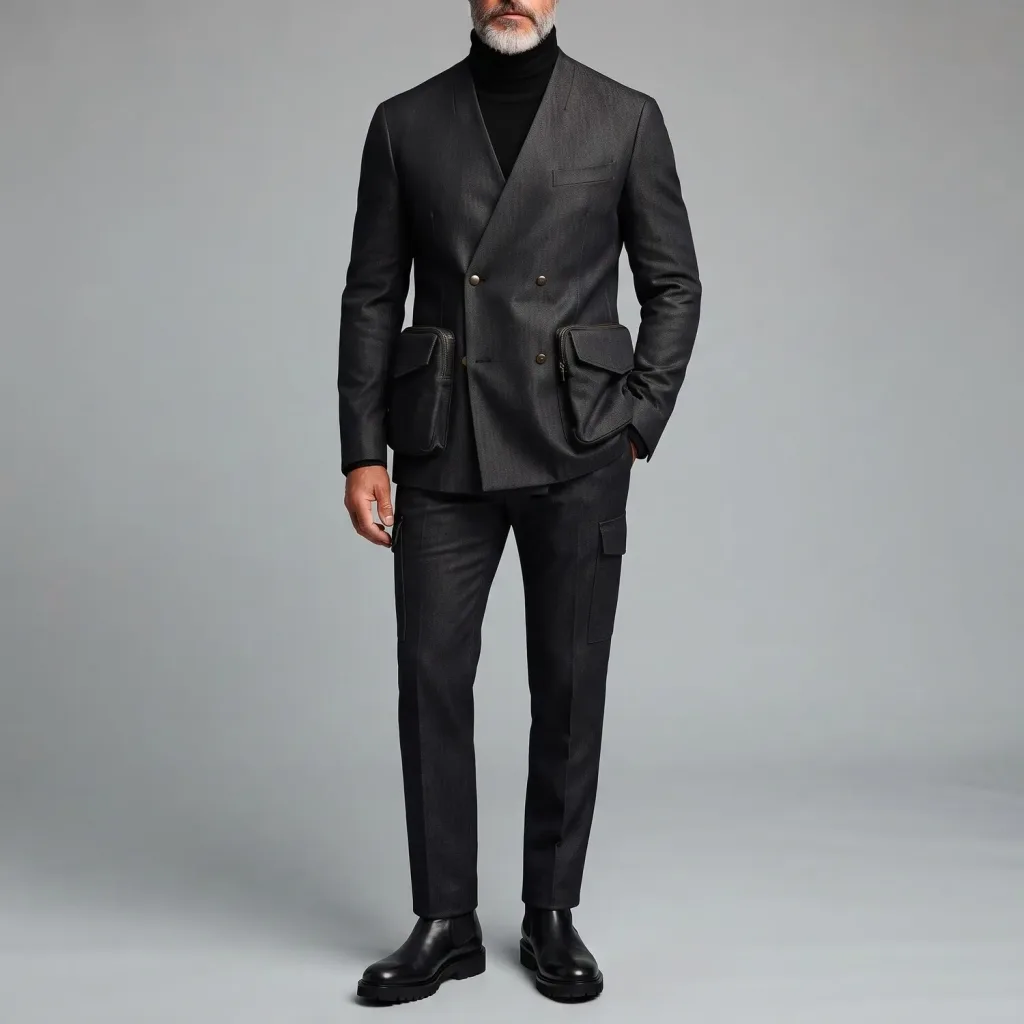 Men's Black Double-Breasted Zipper Cargo Pockets Blazer & Tapered Pants Formal 2Pcs Suit