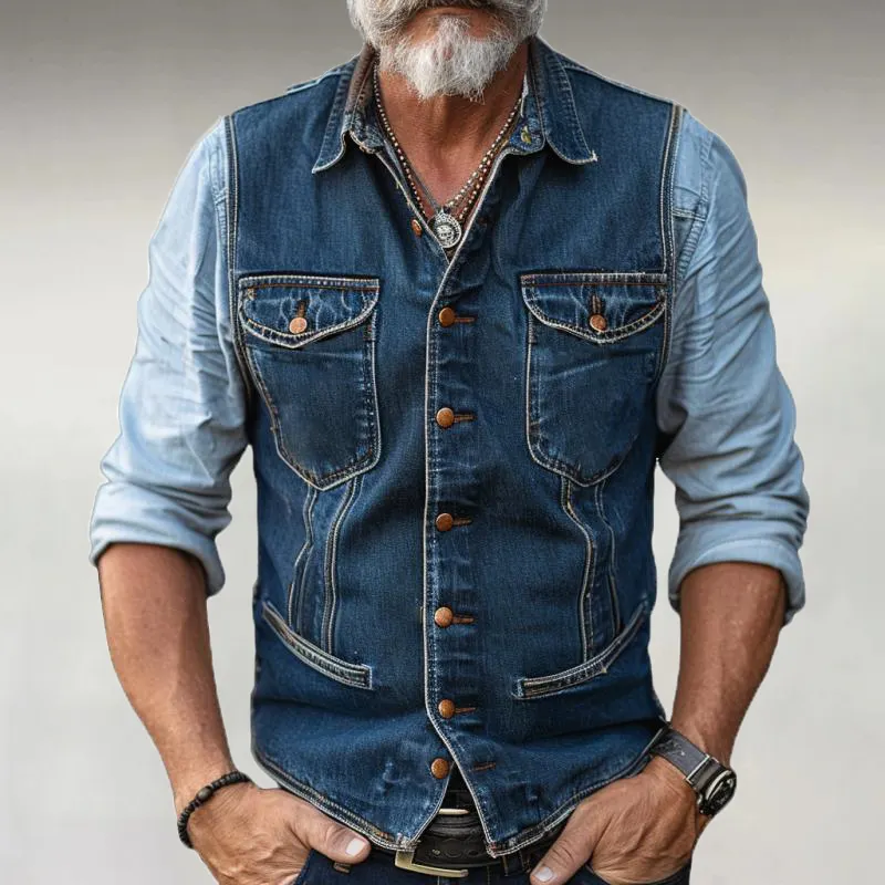 Men's Denim Turndown Collar Buttons Sleeveless Vest